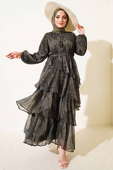 Desenli Volanlı Kuşaklı Elbise Haki - Elbise