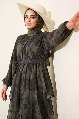 Desenli Volanlı Kuşaklı Elbise Haki - Elbise