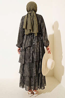 Desenli Volanlı Kuşaklı Elbise Haki - Elbise