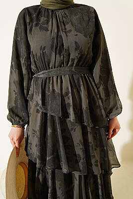 Desenli Volanlı Kuşaklı Elbise Haki - Elbise