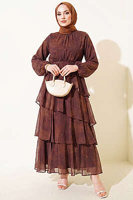 Desenli Volanlı Kuşaklı Elbise Kahve 