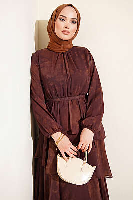 Desenli Volanlı Kuşaklı Elbise Kahve - Elbise