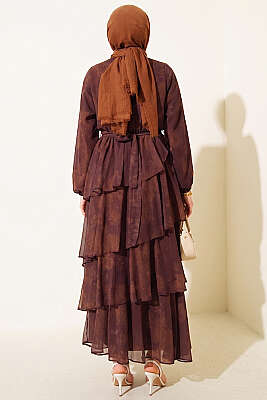 Desenli Volanlı Kuşaklı Elbise Kahve - Elbise