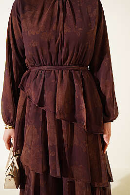 Desenli Volanlı Kuşaklı Elbise Kahve - Elbise