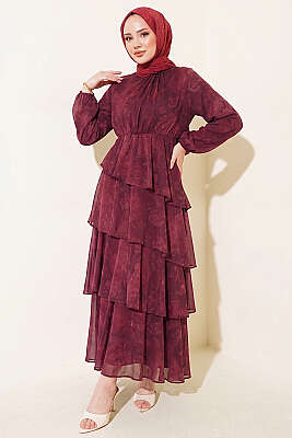 Desenli Volanlı Kuşaklı Elbise Mürdüm 