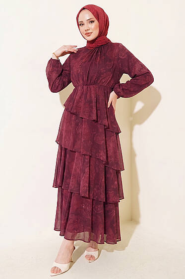 Desenli Volanlı Kuşaklı Elbise Mürdüm - Elbise