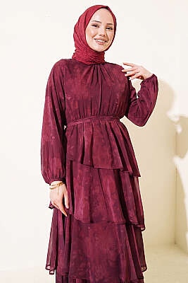 Desenli Volanlı Kuşaklı Elbise Mürdüm - Elbise