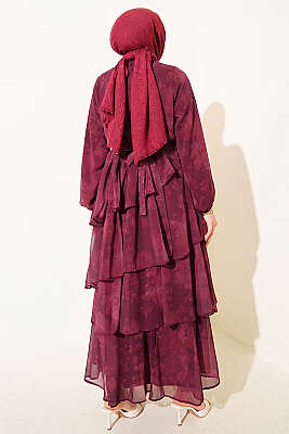 Desenli Volanlı Kuşaklı Elbise Mürdüm - Elbise