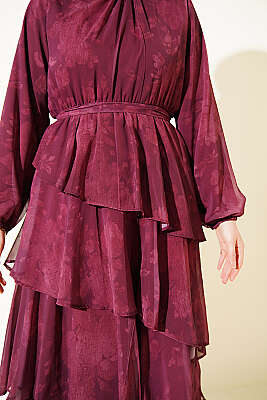 Desenli Volanlı Kuşaklı Elbise Mürdüm - Elbise