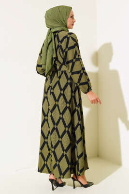 Desenli Yarasa Kol Kemerli Elbise Haki - Tesettür Elbise