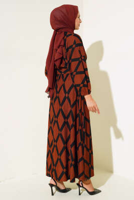 Desenli Yarasa Kol Kemerli Elbise Kiremit - Tesettür Elbise