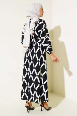 Desenli Yarasa Kol Kemerli Elbise Siyah - Tesettür Elbise