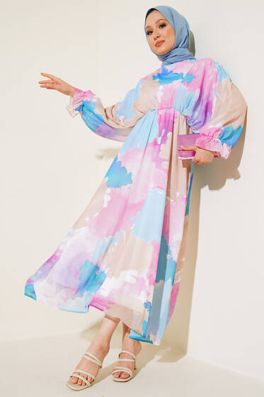 Desenli Yarasa Kol Şifon Elbise Fuşya - Tesettür Elbise