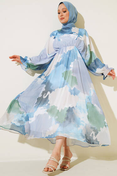 Desenli Yarasa Kol Şifon Elbise İndigo - Tesettür Elbise