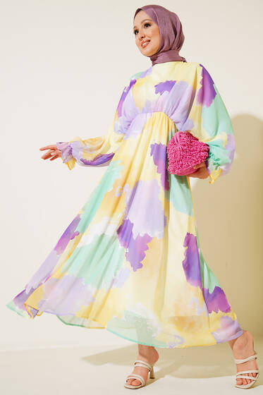 Desenli Yarasa Kol Şifon Elbise Sarı - Tesettür Elbise