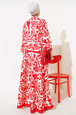 Desenli Yarasa Kol Viskon Elbise Alizarin - Tesettür Elbise