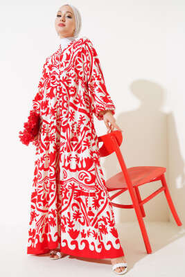 Desenli Yarasa Kol Viskon Elbise Alizarin - Tesettür Elbise