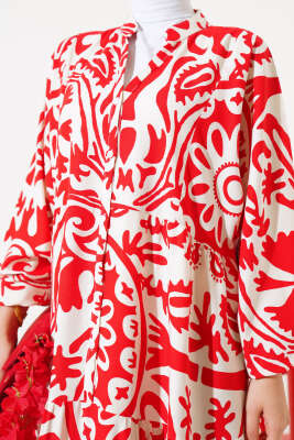 Desenli Yarasa Kol Viskon Elbise Alizarin - Tesettür Elbise