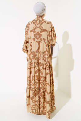 Desenli Yarasa Kol Viskon Elbise Bej Kahve - Tesettür Elbise