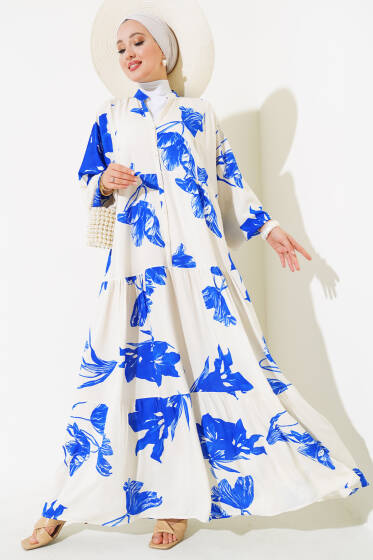 Desenli Yarasa Kol Viskon Elbise Ekru Saks - Elbise