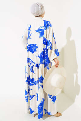 Desenli Yarasa Kol Viskon Elbise Ekru Saks - Tesettür Elbise