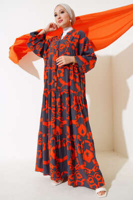 Desenli Yarasa Kol Viskon Elbise Füme - Tesettür Elbise