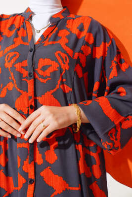 Desenli Yarasa Kol Viskon Elbise Füme - Tesettür Elbise