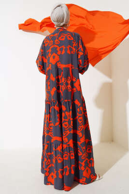 Desenli Yarasa Kol Viskon Elbise Füme - Tesettür Elbise