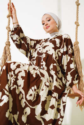 Desenli Yarasa Kol Viskon Elbise Kahve Bej - Tesettür Elbise