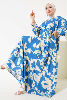 Desenli Yarasa Kol Viskon Elbise Mavi Bej - Tesettür Elbise