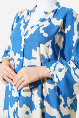 Desenli Yarasa Kol Viskon Elbise Mavi Bej - Tesettür Elbise