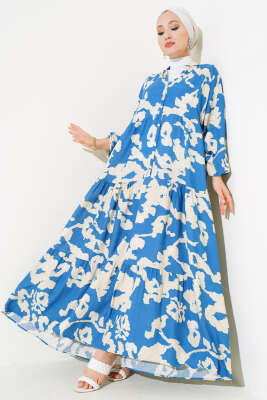 Desenli Yarasa Kol Viskon Elbise Mavi Bej - Tesettür Elbise