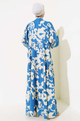 Desenli Yarasa Kol Viskon Elbise Mavi Bej - Tesettür Elbise