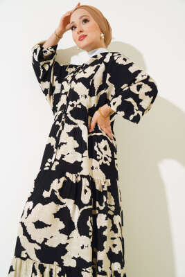 Desenli Yarasa Kol Viskon Elbise Siyah Bej - Tesettür Elbise