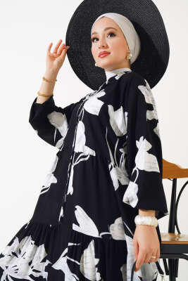 Desenli Yarasa Kol Viskon Elbise Siyah Beyaz - Tesettür Elbise
