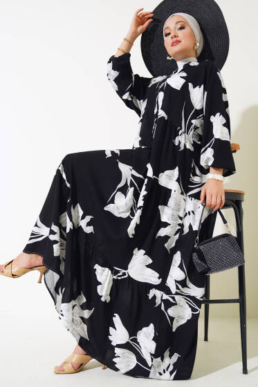Desenli Yarasa Kol Viskon Elbise Siyah Beyaz - Tesettür Elbise