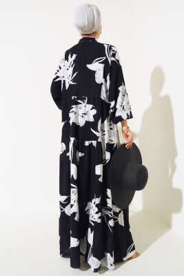 Desenli Yarasa Kol Viskon Elbise Siyah Beyaz - Tesettür Elbise