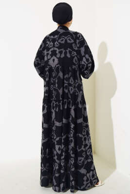 Desenli Yarasa Kol Viskon Elbise Siyah Füme - Tesettür Elbise