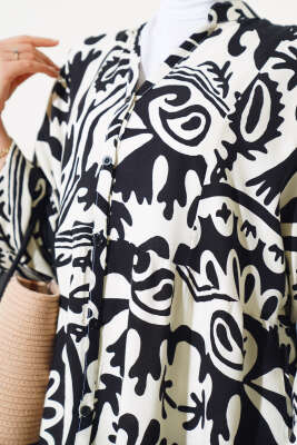 Desenli Yarasa Kol Viskon Elbise Siyah - Tesettür Elbise