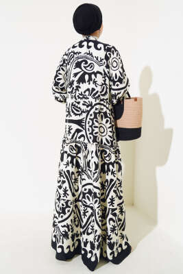 Desenli Yarasa Kol Viskon Elbise Siyah - Tesettür Elbise