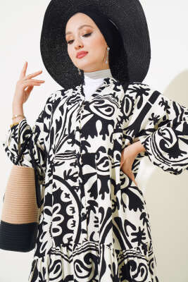 Desenli Yarasa Kol Viskon Elbise Siyah - Tesettür Elbise