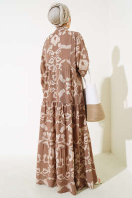 Desenli Yarasa Kol Viskon Elbise Sütlü Kahve - Tesettür Elbise