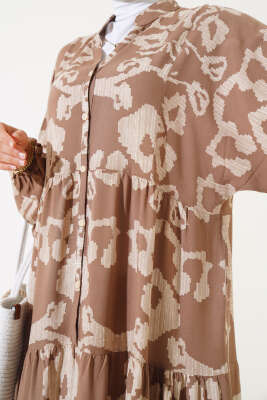 Desenli Yarasa Kol Viskon Elbise Sütlü Kahve - Tesettür Elbise