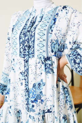 Desenli Yarı Patlı Elbise Beyaz Mavi - Tesettür Elbise