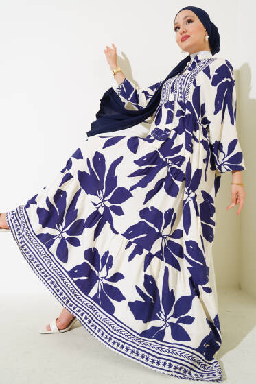 Desenli Yarı Patlı Elbise Lacivert - Elbise