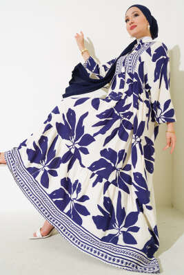Desenli Yarı Patlı Elbise Lacivert - ESTELLE