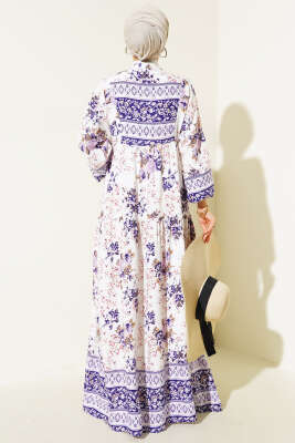 Desenli Yarı Patlı Elbise Lila - Tesettür Elbise