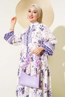 Desenli Yarı Patlı Elbise Lila - Tesettür Elbise