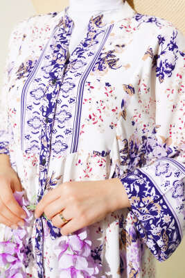 Desenli Yarı Patlı Elbise Lila - Tesettür Elbise