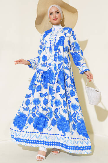 Desenli Yarı Patlı Elbise Saks - Elbise